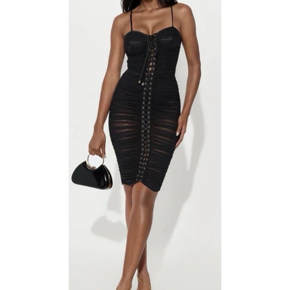 NWT FASHION NOVA Mesh Sheer Midi Runched Bodycon Dress Sz M